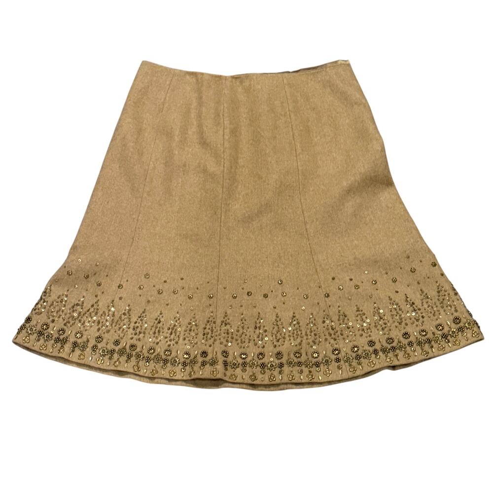 Brown Wool Embellished Midi Skirt Beaded A Line Boho 12 Office Workwear Elegant